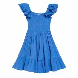 NWOT Millie Bea Smocked Ruffle Sleeve Mini Dress Blue Cotton Pockets Size Large